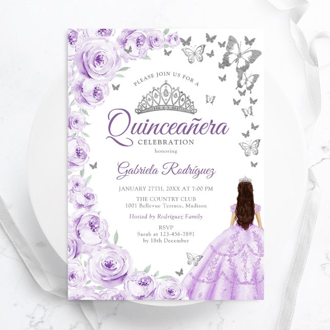 Convite Púrpura Lilás Aquarela Quinceanera Floral (Criador carregado)
