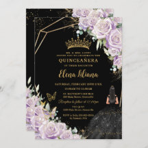 Púrpura Lilás Preto Floral Dourado Quinceañera