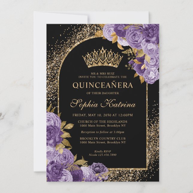 Convite Púrpura Negra Pasta Dourada Glitter Quinceanera Fl (Frente)