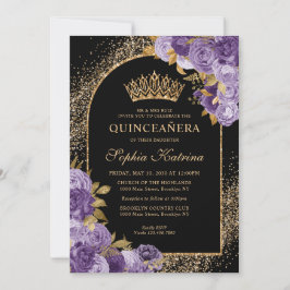 Convite Púrpura Negra Pasta Dourada Glitter Quinceanera Fl