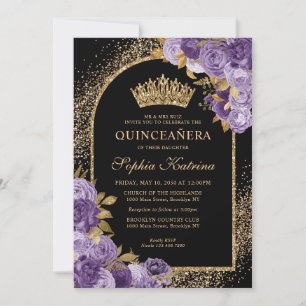 Convite Púrpura Negra Pasta Dourada Glitter Quinceanera Fl