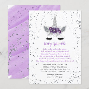 Convite Púrpura Prata Floral Unicorn Bebê Sprinkle