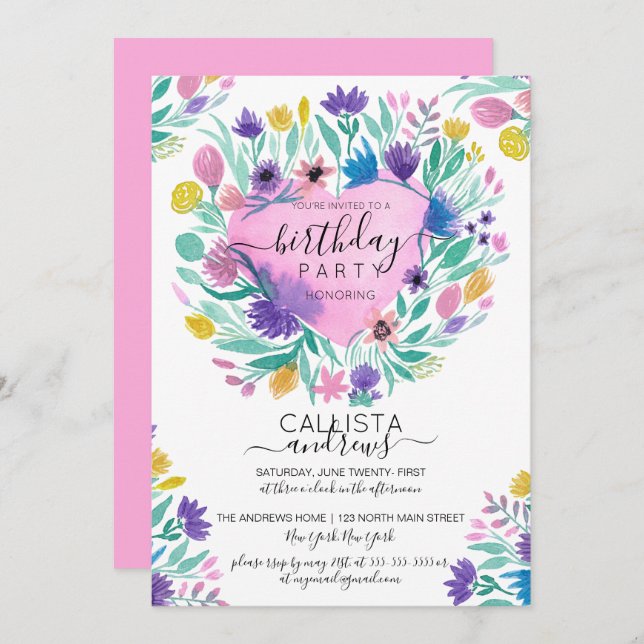 Convite Púrpura Púrpura Flor Amarelo-Rosa Deixa Aniversári (Frente/Verso)