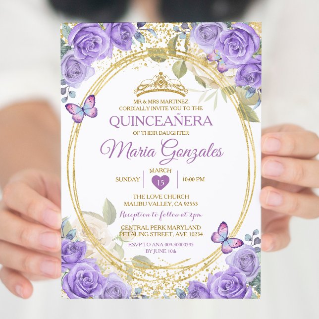 Convite Púrpura Quinceañera Dourada Coroa Manteiga (Criador carregado)