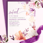 Convite Púrpura Romântica E Edulcora Rosa 16<br><div class="desc">Celebrar um marco especial com este Convite 16 para o Sweet 16, Roxo Romântico e Flor Rosa. Apresentando uma impressionante design de aquarela de flores silvestres delicadas em tons suaves de roxo e rosa, este convite expele encanto e elegância. A caligrafia graciosa acrescenta um toque de sofisticação, fazer perfeito para...</div>