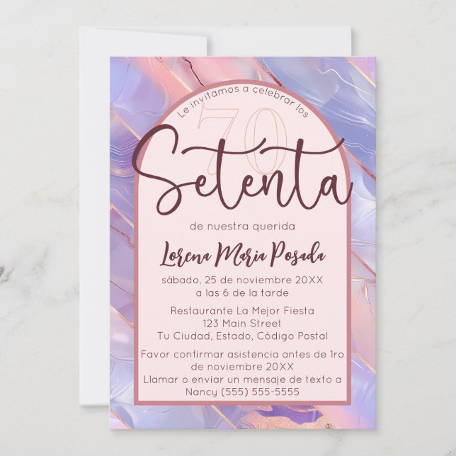 Convite Púrpura Rosa Agate 70 Espanhol Aniversário Para El (Frente)