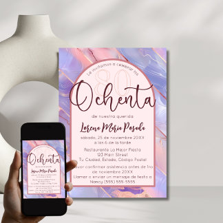 Convite Púrpura Rosa Agate 80 Espanhol Aniversário Para El