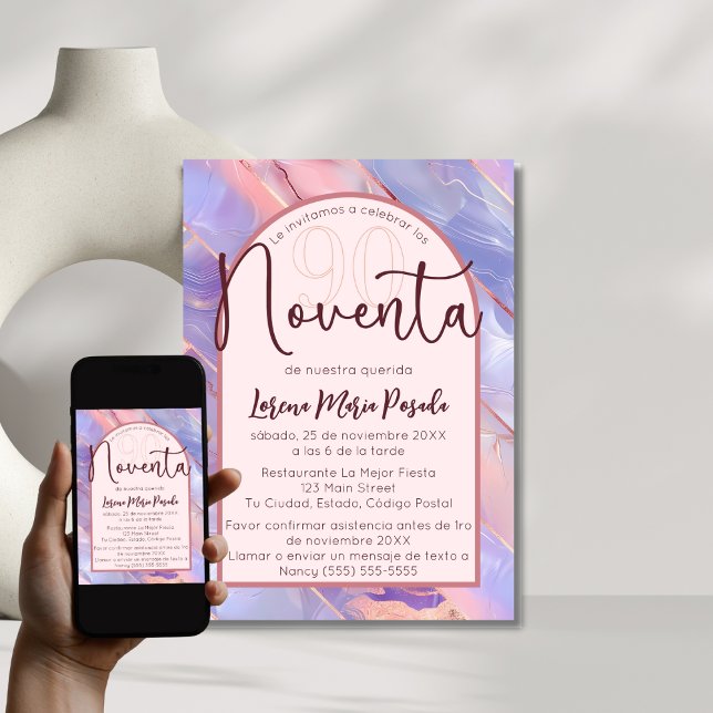 Convite Púrpura Rosa Agate 90 Espanhol Aniversário Para El (Criador carregado)