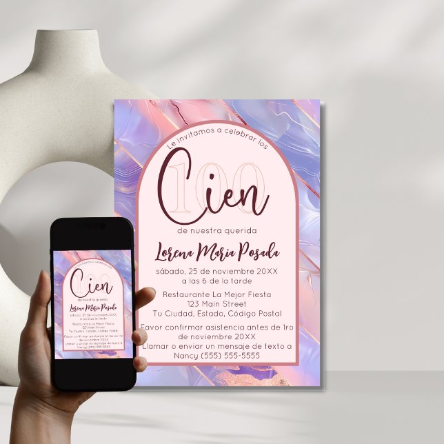 Convite Púrpura Rosa Agate Espanhol 100º Aniversário Para  (Criador carregado)