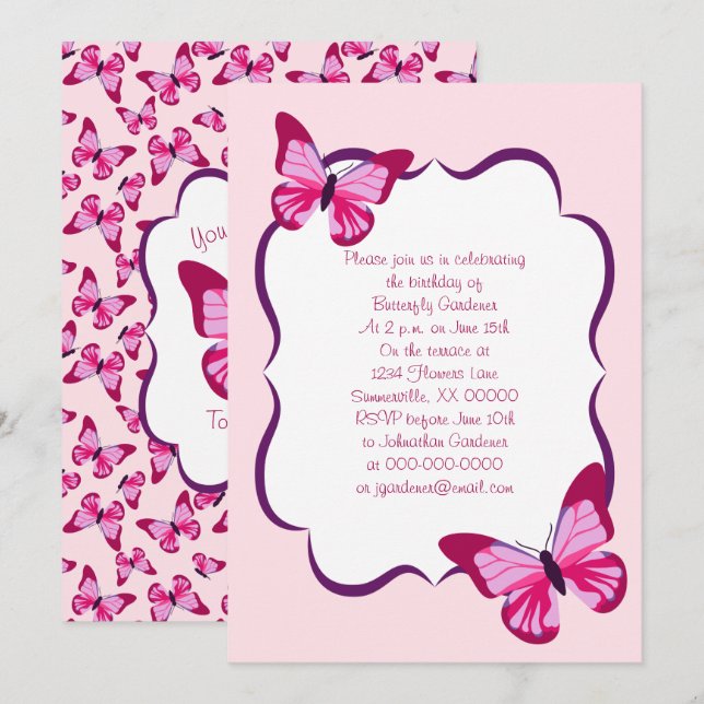 Convite Púrpura Rosa Bonito Padrão-Borboleta (Frente/Verso)