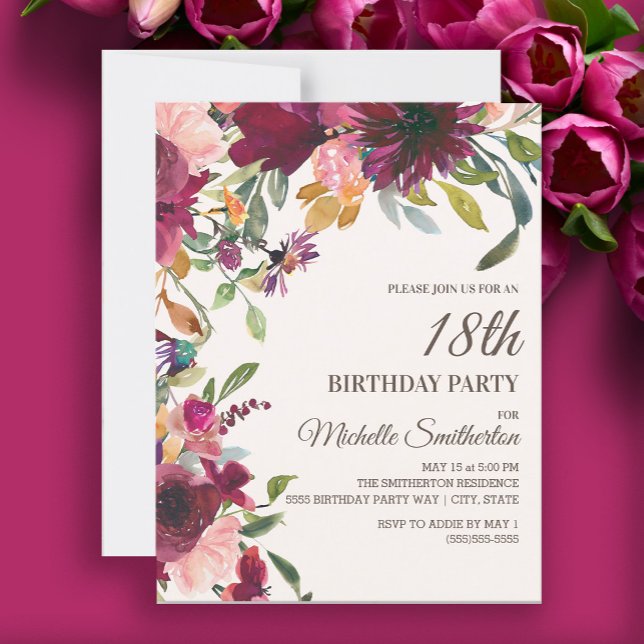 Convite Púrpura Rosa Dourada Elegante Floral 18º Aniversár (Burgundy and pink floral 18th birthday party invitation)