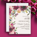 Convite Púrpura rosa Dourada rosa Elegante Floral 60º Aniv<br><div class="desc">Linda e elegante ameixa roxa e rosa floral com folhas verdes sábias cor d'água botânica 60º convite de aniversário para mulheres. O texto é uma fonte de pincel de caligrafia dourada e está alinhado no lado direito da placa. Este convite de aniversário vai para a nossa Coleção de Festas de...</div>