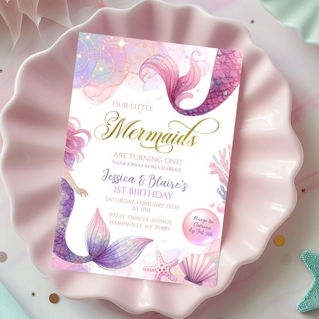 Convite Púrpura Rosa Pequena Duas Sereias Gêmeas Aniversár (Criador carregado)