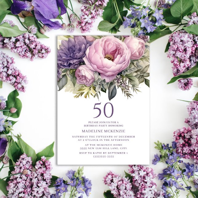 Convite Púrpura rosa púrpura Floral 50º Aniversário (Purple peonies 50th birthday party invitation for women
)