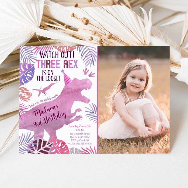 Convite Púrpura Rosa Três Rapariga Rex Dinossauro Aniversá (Criador carregado)