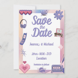 Convite Púrpura rosa Y2K 2000s Retro Tech Geek Love Weddin