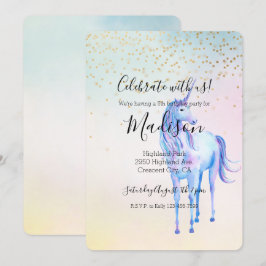 Convite Púrpura Unicorn Aqua Amarelo rosa Dourado Confetti