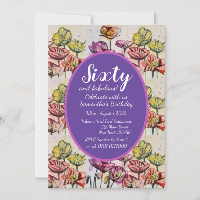 Convite Púrpura Vermelha Papoila Floral 60º Aniversário Co (Frente)