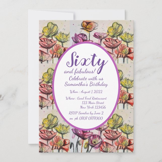 Convite Púrpura Vermelha Papoila Floral 60º Aniversário Co (Frente)