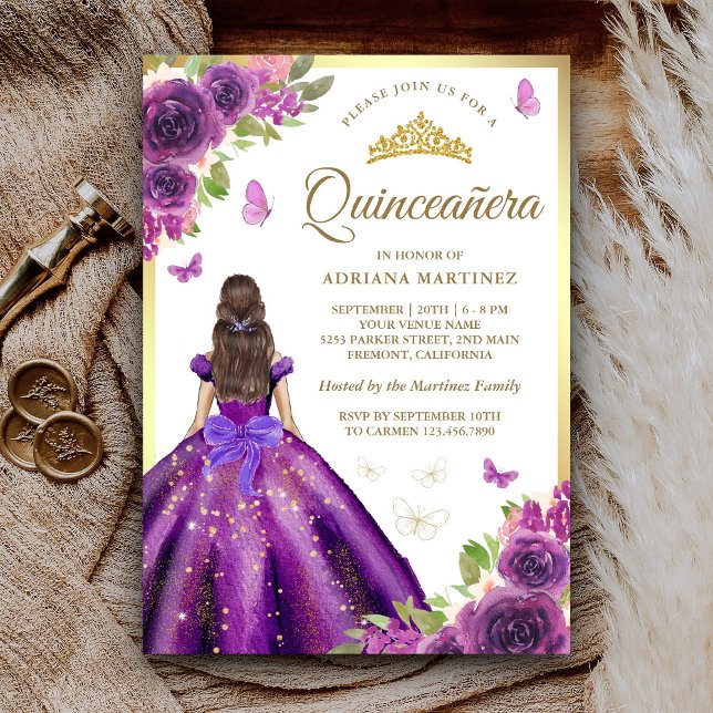 Convite Púrpura Vestida Floral Borboleta Dourada Quinceane (Criador carregado)