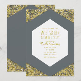 Convite Purpurina Cinza e Dourado Glam Festa Sweet 16