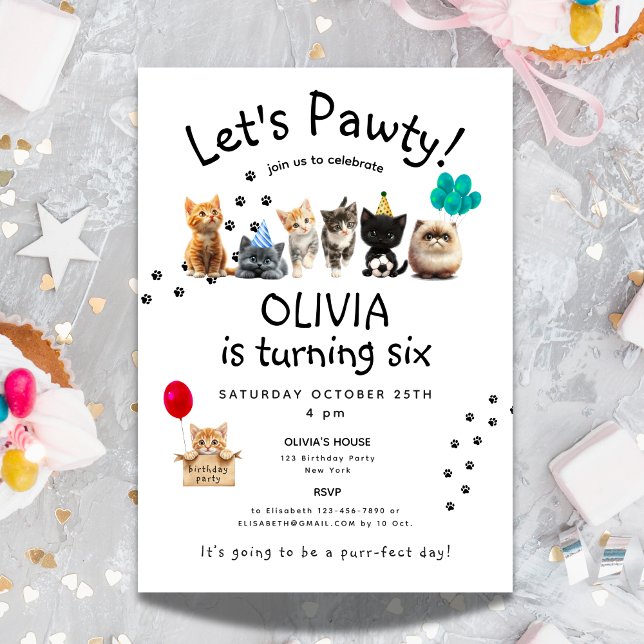 Convite Purr-fect Cat Birthday | Gatinhos Gatinhos Gatinho (Purr-fect Cat Birthday | Cute Kids Kitten Pawty Invitation)
