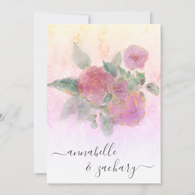 Convite *~* QR AR12 Floral Damask RSVP Rosa Casamento Invi (Frente)