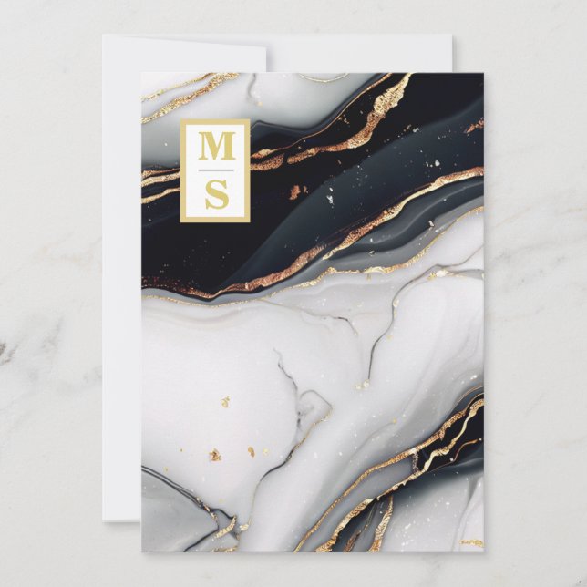 Convite *~ QR BLACK White Marble Agate AR66 RSVP Casamento (Frente)