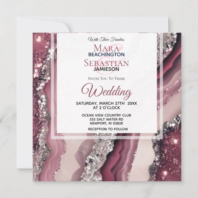 Convite *~* QR BURGUNDY PINK Agate RSVP AR66 Casamento (Frente)