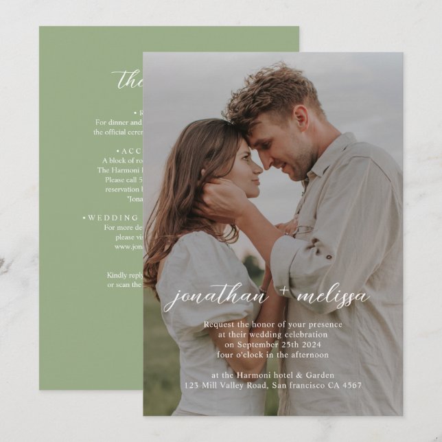 Convite QR Code All in One Sage Green Photo Script Wedding (Frente/Verso)