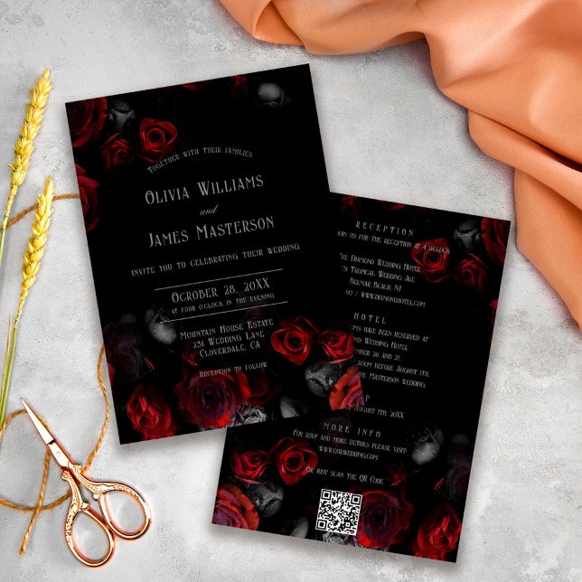 Convite QR Code Black and Red Floral All in One Wedding (Criador carregado)