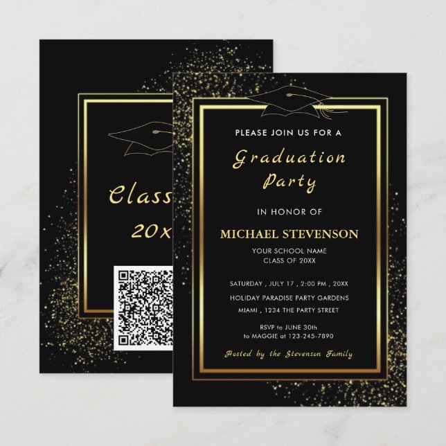 Convite QR Code Black Gold Glitter Graduation Invitations (Frente/Verso)