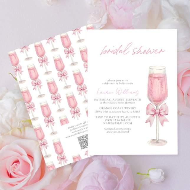 Convite QR Code Blush Pink Bow Champagne Bridal Shower (Criador carregado)