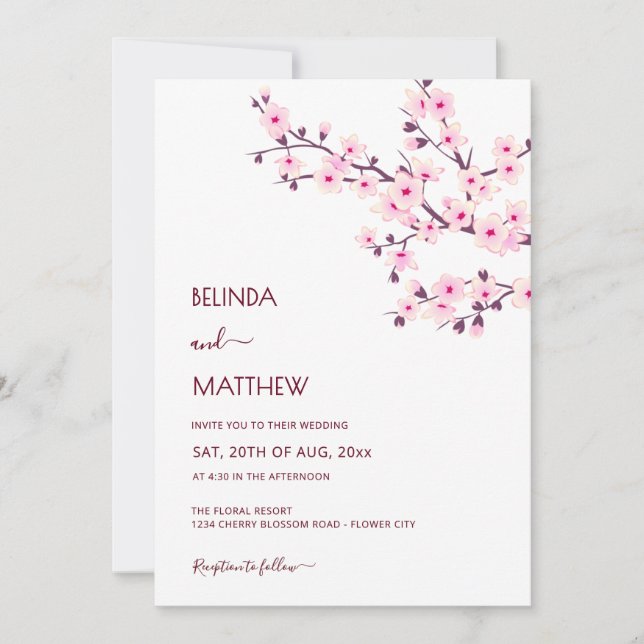 Convite QR Code | Cherry Blossoms  Pink White Wedding (Frente)