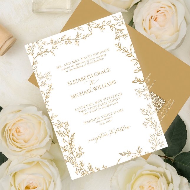 Convite QR Code Classic Formal Elegant Gold Leafy Wedding (Criador carregado)