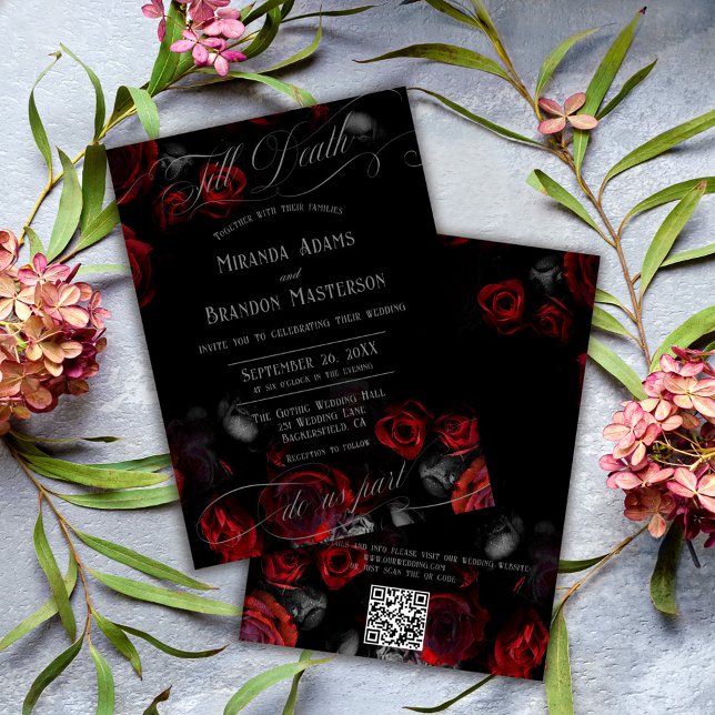 Convite QR Code Elegant Black and Red Floral Wedding (Criador carregado)