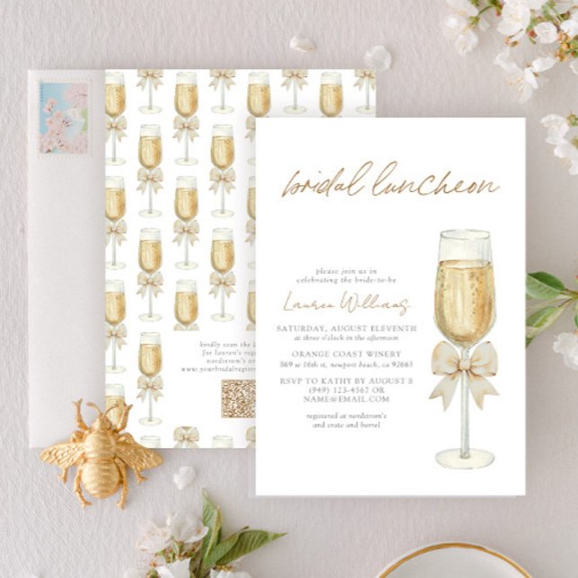 Convite QR Code Elegant Champagne Chic Bow Bridal Luncheon (Criador carregado)