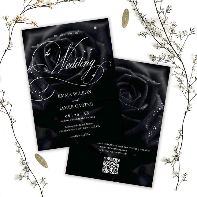 Convite QR Code Elegant Midnight Rose Calligraphy Wedding (Criador carregado)