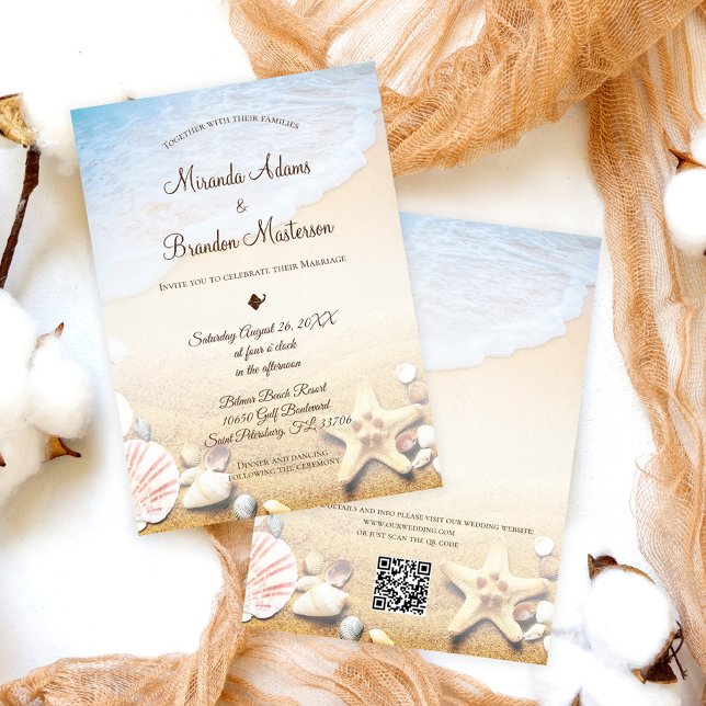 Convite QR Code Elegant Modern Starfish Beach Wedding (Criador carregado)