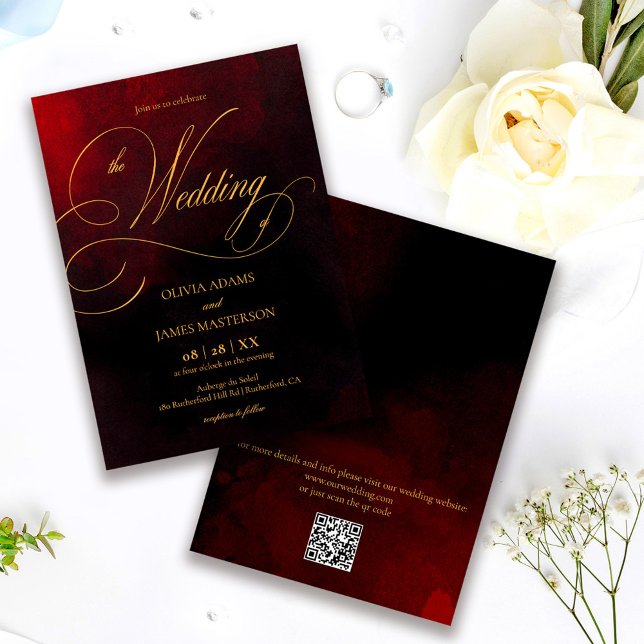 Convite QR Code Elegant Red Black Gold Calligraphy Wedding (Criador carregado)