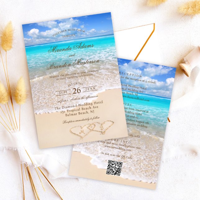 Convite QR Code Elegant Tropical Beach Wedding All in One (Criador carregado)
