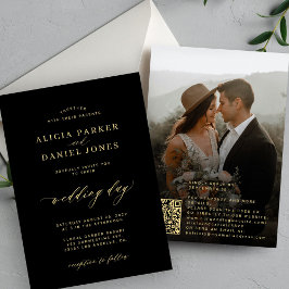 Convite QR code fotografia ouro caligrafia negro casamento