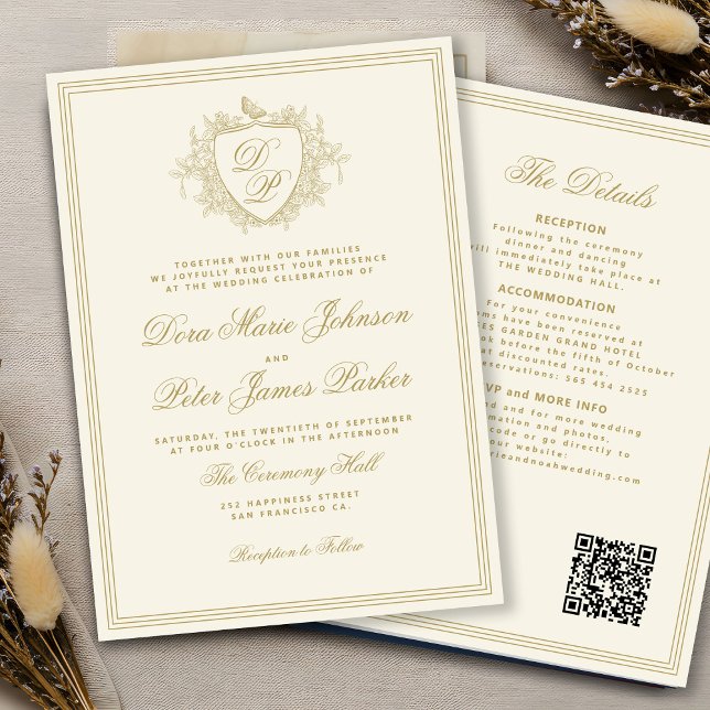 Convite QR code gold ivory crest monogram wedding (Criador carregado)