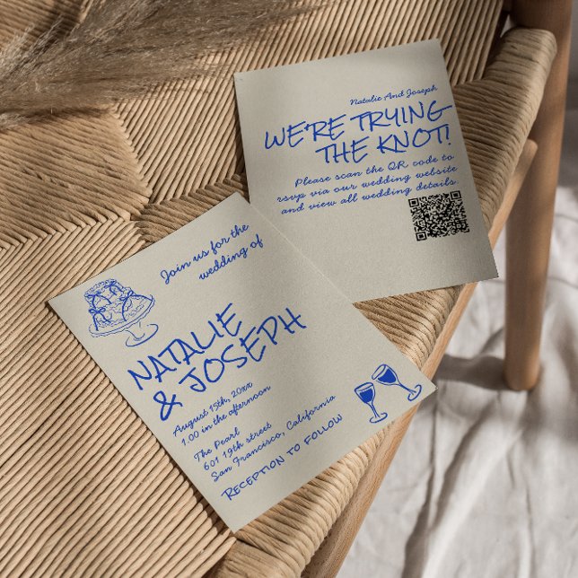 Convite QR Code Hand Drawn Blue Cake Bows Unique Wedding  (Criador carregado)