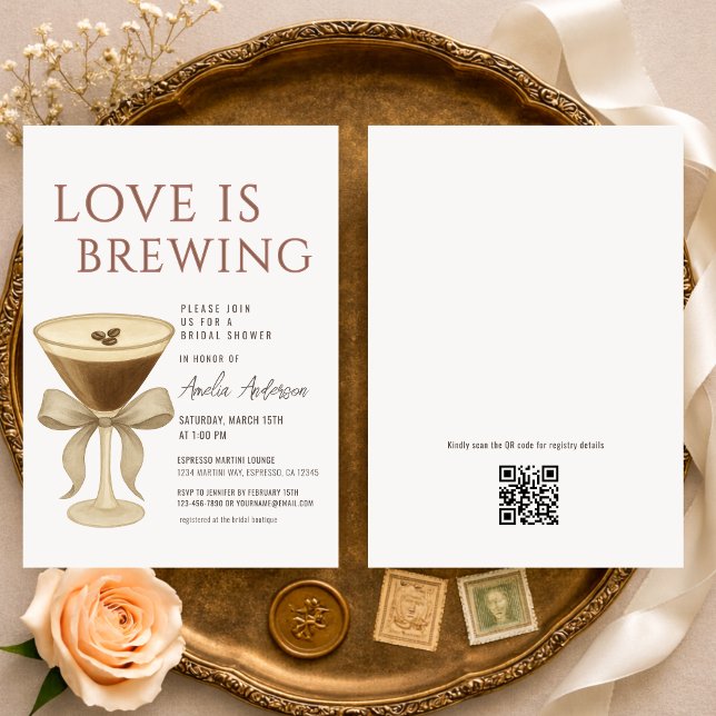 Convite QR Code Love is Brewing Martini Bridal Shower (Criador carregado)