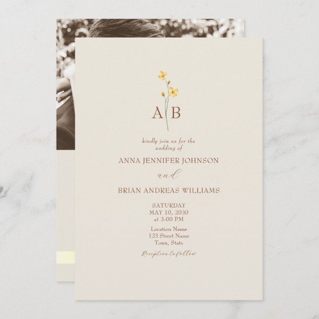 Convite QR Code Neutral Wildflower Photo Wedding (Frente/Verso)