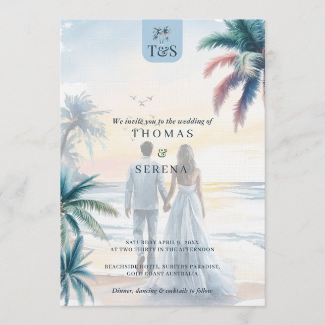 Convite QR Code Palm Tree Beach Wedding Destination (Frente)