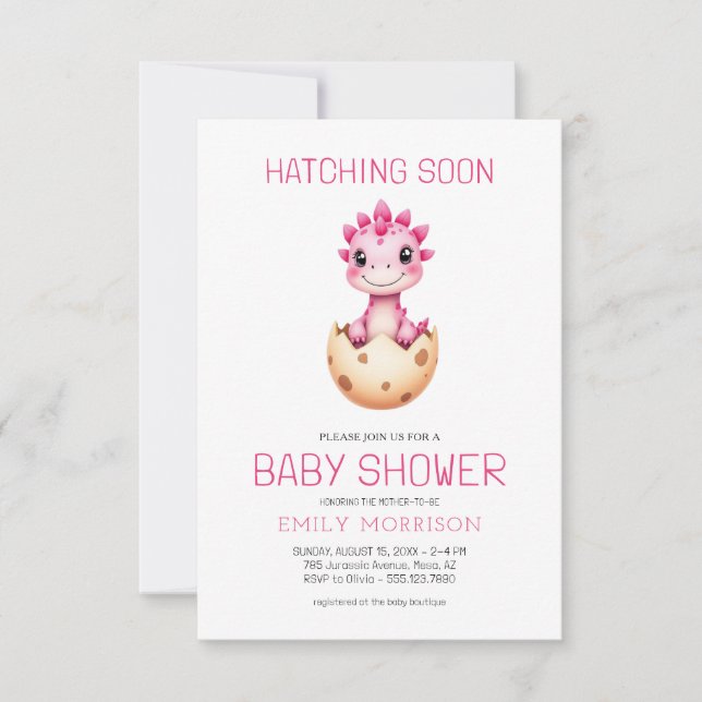 Convite QR Code Pink Dinosaur Hatching Soon Baby Shower (Frente)