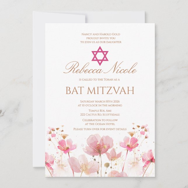 Convite QR Code Pink Watercolor Floral Bat Mitzvah  (Frente)