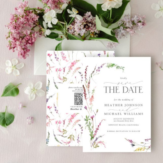 Convite QR Code Save the Date Elegant Wildflower Floral (Criador carregado)